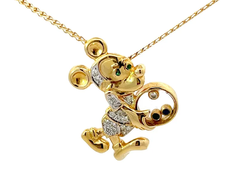 Classic Pearl Necklaces For Brides-Diamond Emerald Sapphire Mickey Mouse Pendant Necklace Solid 18k Yellow Gold