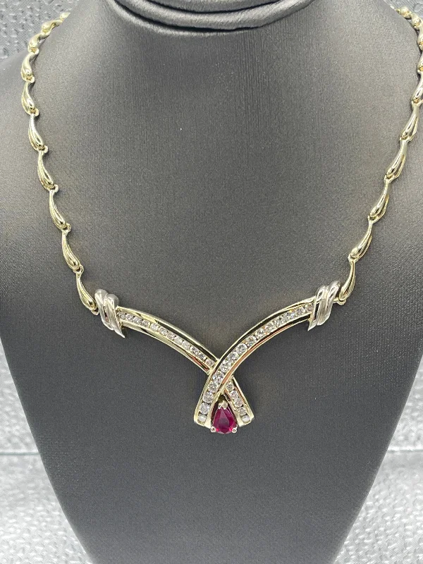 Layered Necklaces For Trendy Style-Ladies Incredible 14 Karat Gold Ruby and Diamond Cocktail Necklace