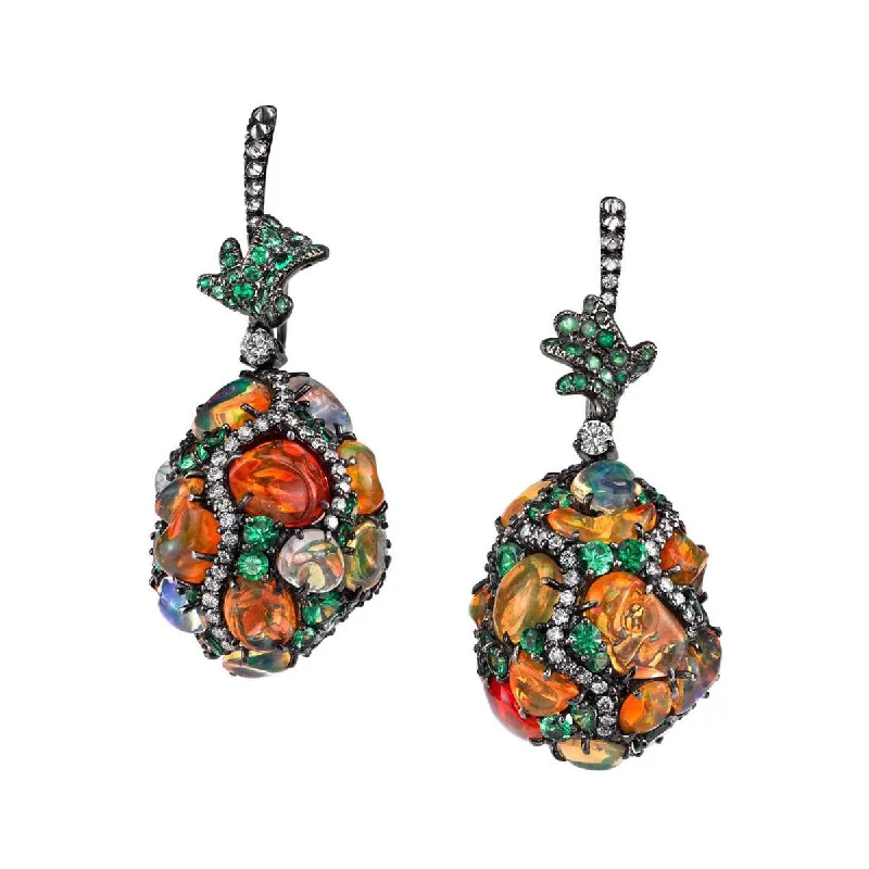 Beautiful Gold Stud Earrings For Brides-Fire Opal Eggs Drop Earrings with Tsavorite and Diamonds