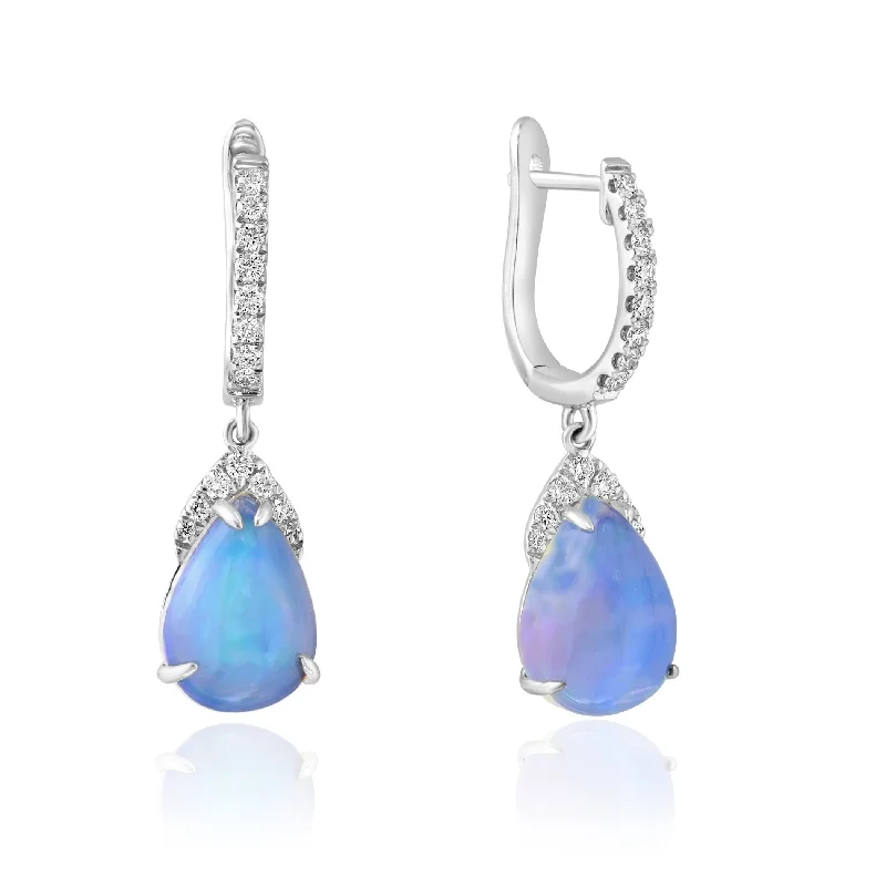 Elegant Crystal Earrings For Special Occasions-14K White Gold Pear-Shaped Ethiopian Opal and Diamond Dangle Earrings