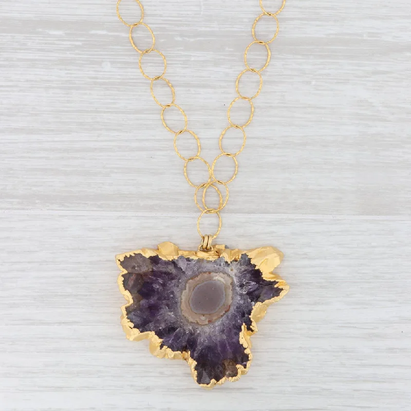 Vintage Bar Necklaces For Retro Fashion-New Nina Nguyen Amethyst Geode Pendant Necklace Sterling Gold Vermeil 29"