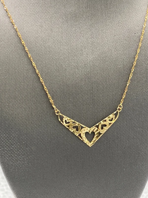 Minimalist Diamond Necklaces For Classic Style-Ladies 14 Karat Yellow Gold V-Shape With Cut Out Hearts & Chain