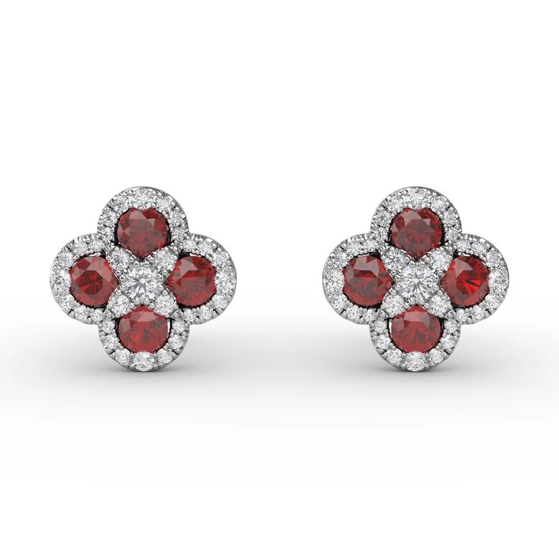 Sleek Silver Earrings For Casual Style-FANA Ruby and Diamond Cluster Studs ER1643R