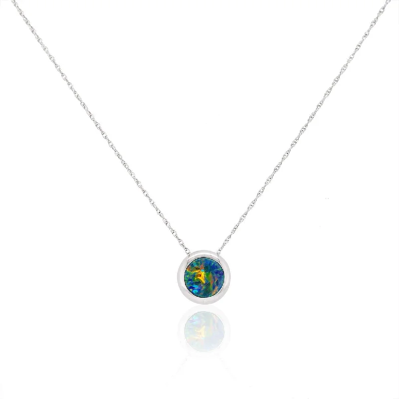 Bold Chain Pendant Necklaces For Statement Fashion-WHITE GOLD CIRCLE OPAL DOUBLET PENDANT NECKLACE