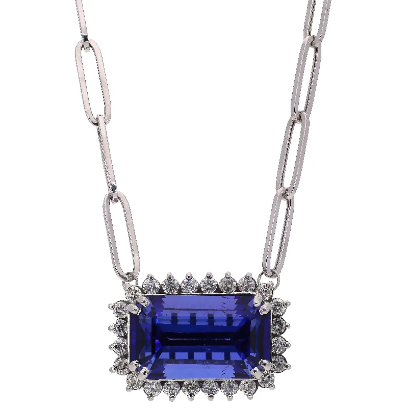 Fashionable Gold Bar Necklaces For Bold Look-18K White Gold Tanzanite Station Necklace with Paperclip Chain