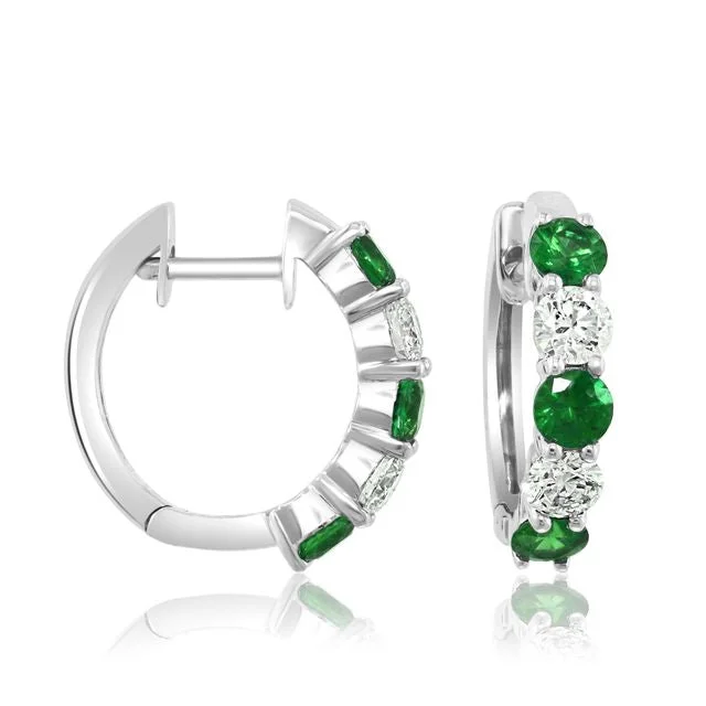 Beautiful Handmade Earrings For Gifts-14K White Gold Emerald and Diamond Hoop Earrings