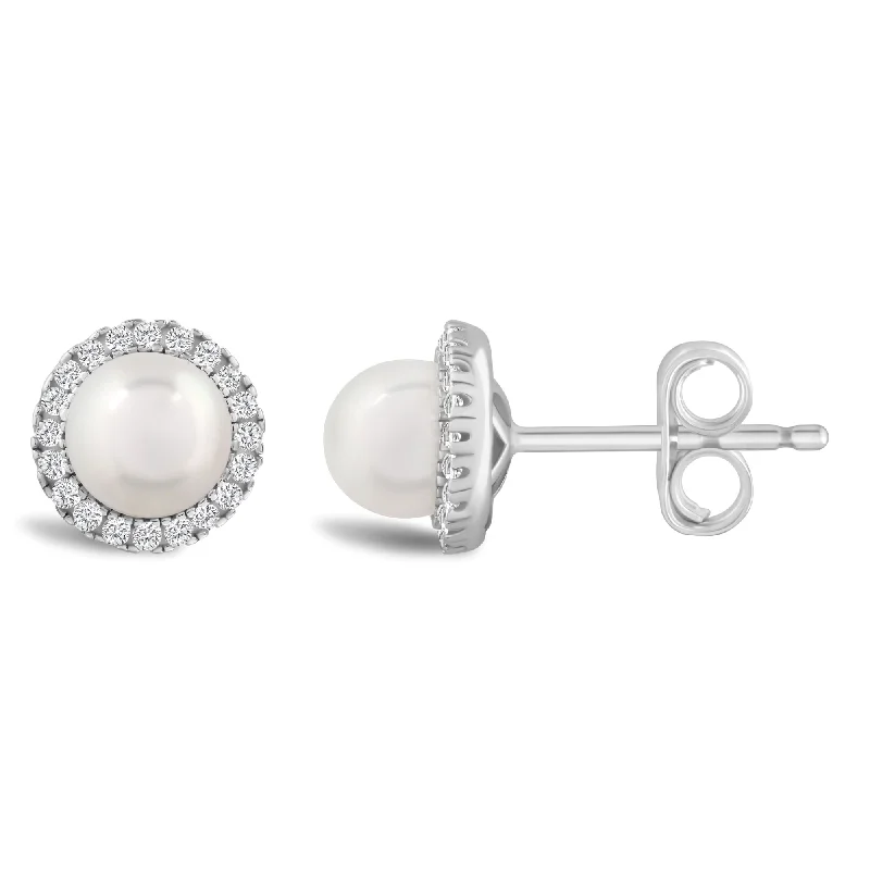 Handmade Gold Earrings For Special Occasions-Round Pearl and Diamond Halo June Birthstone Earrings in Sterling Silver