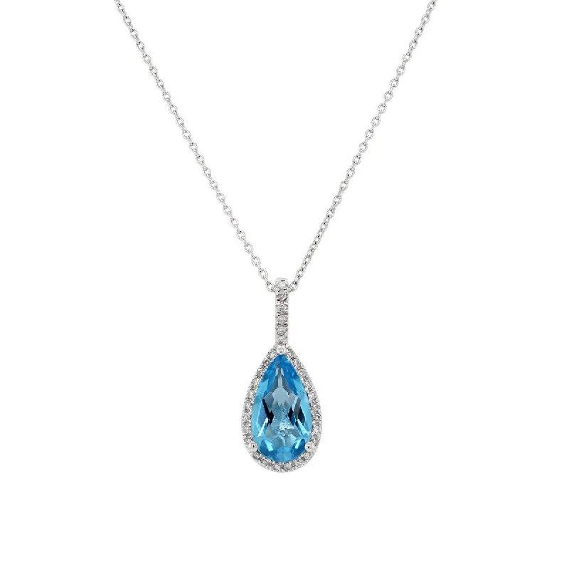 Trendy Beaded Necklaces For Summer Vibes-WHITE GOLD NECKLACE WITH PEAR SHAPED BLUE TOPAZ AND DIAMOND HALO PENDANT, .08 CT TW