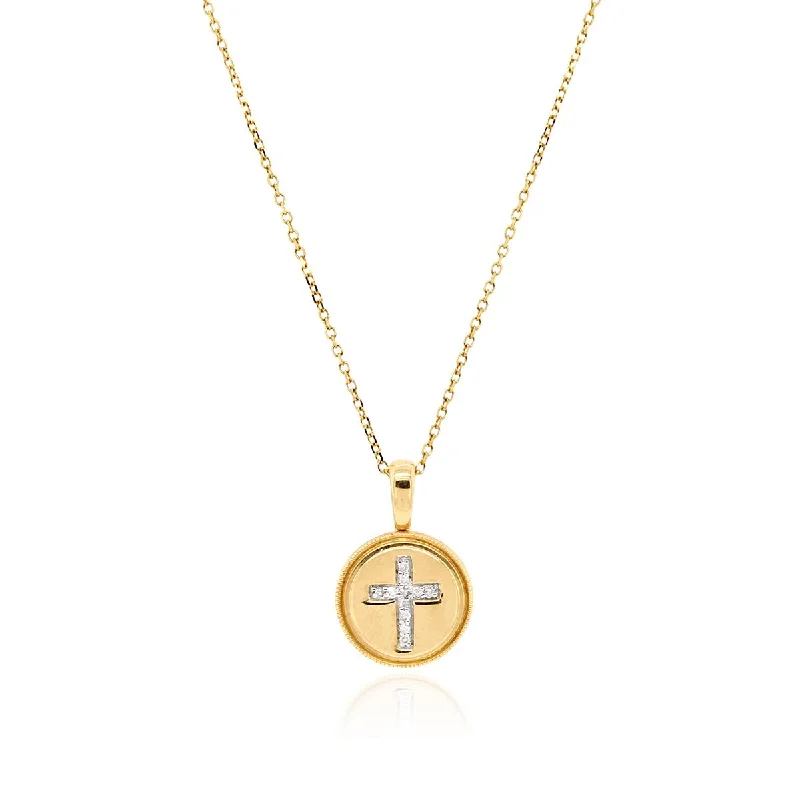 Long Beaded Necklaces For Boho Vibes-YELLOW GOLD CIRCLE PENDANT WITH CROSS OF DIAMONDS, .03 CT TW