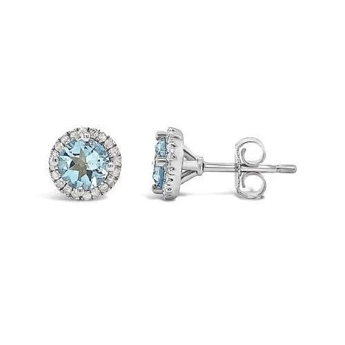 Simple Earrings For Everyday Wear-Round Aquamarine and Diamond Halo March Birthstone Earrings in Sterling Silver