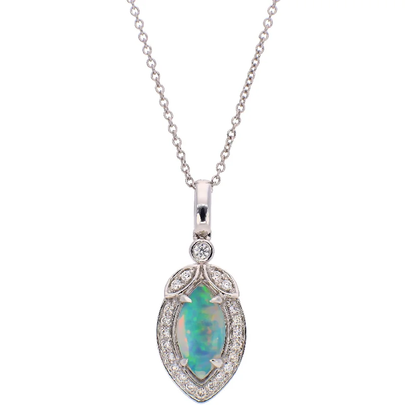 Stylish Silver Choker Necklaces For Everyday Wear-14K White Gold Opal Cabochon and Diamond Necklace