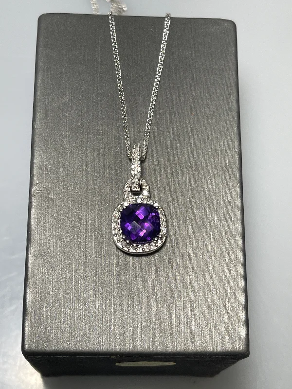 Trendy Crystal Necklaces For Casual Wear-10 Karat White Gold Asher Cut Amethyst Necklace