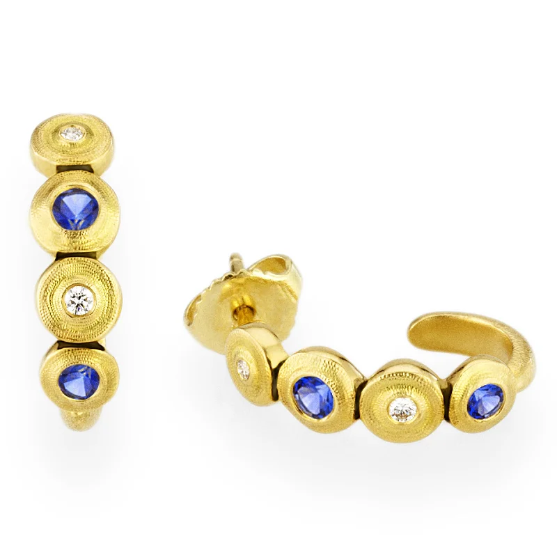 Unique Stone Earrings For Bold Looks-Gold Diamond Sapphire Four Seed Small Hoop Earrings