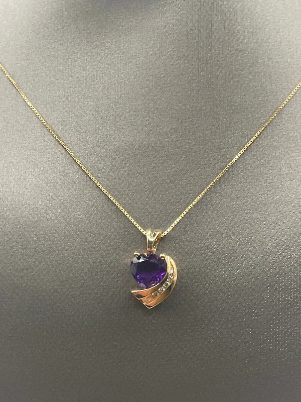 Simple Silver Pendant Necklaces For Casual Wear-Ladies 14 Karat Solid Yellow Gold Amethyst and White Diamond Heart Necklace