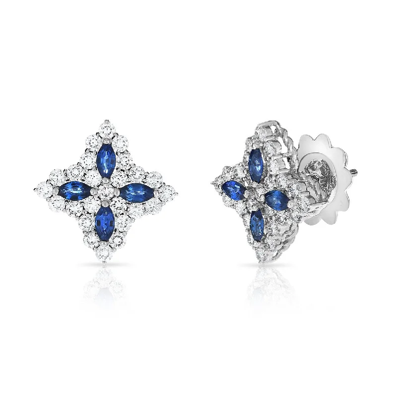 Custom Earrings For Wedding Jewelry-Diamond and Sapphire Princess Flower Medium Size Stud Earrings