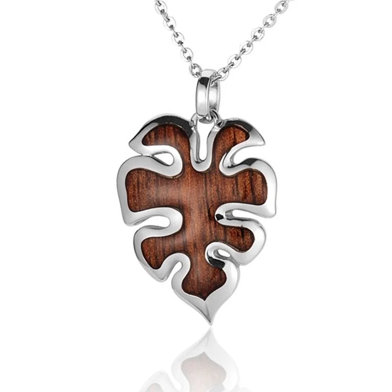 Elegant Silver Necklace For Bridal Jewelry-Sterling Silver Koa Wood Monstera Flower Pendant18" Necklace