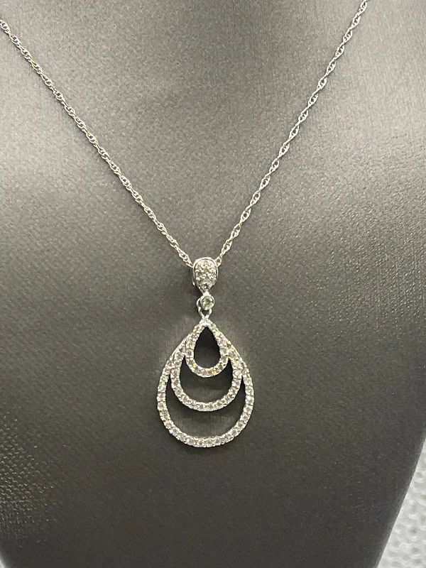 Elegant Gemstone Necklaces For Weddings-14 Karat White Gold Triple Teardrop Diamond Halo Necklace