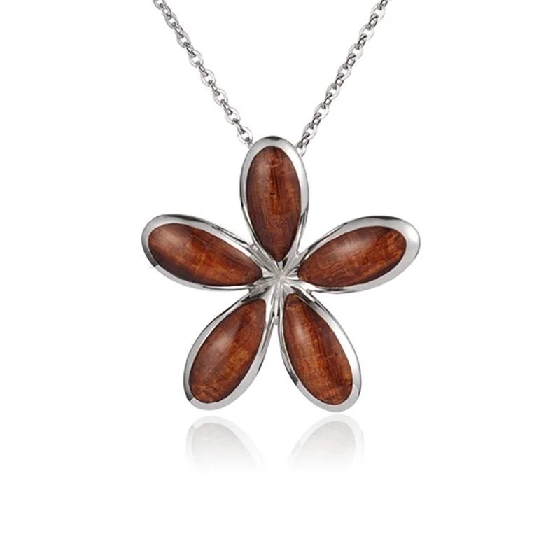 Trendy Pendant Necklaces For Casual Days-Sterling Silver Koa Wood Solid Inlay Plumeria Flower Pendant18" Necklace