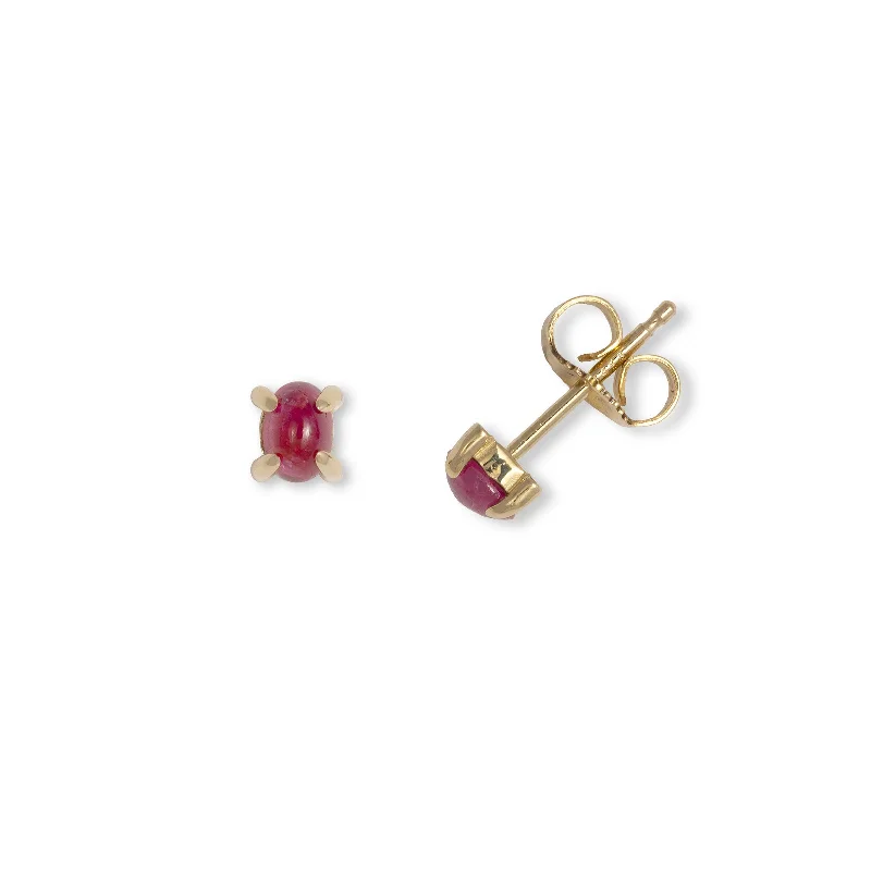 Sleek Gold Earrings For Classy Looks-Oval Cabochon Ruby Stud Earrings, 14K Yellow Gold