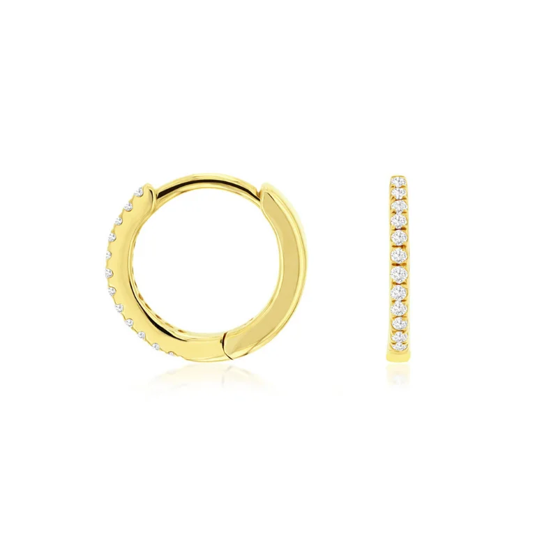 Silver Drop Earrings For Evening Style-14 Karat Yellow Gold 1/10 Carat Mini Diamond Hoop Earrings