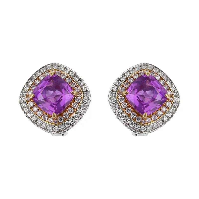 Artistic Earrings For Fashion Statement-Cushion Cut Purple Sapphire and Diamond Halo Earrings