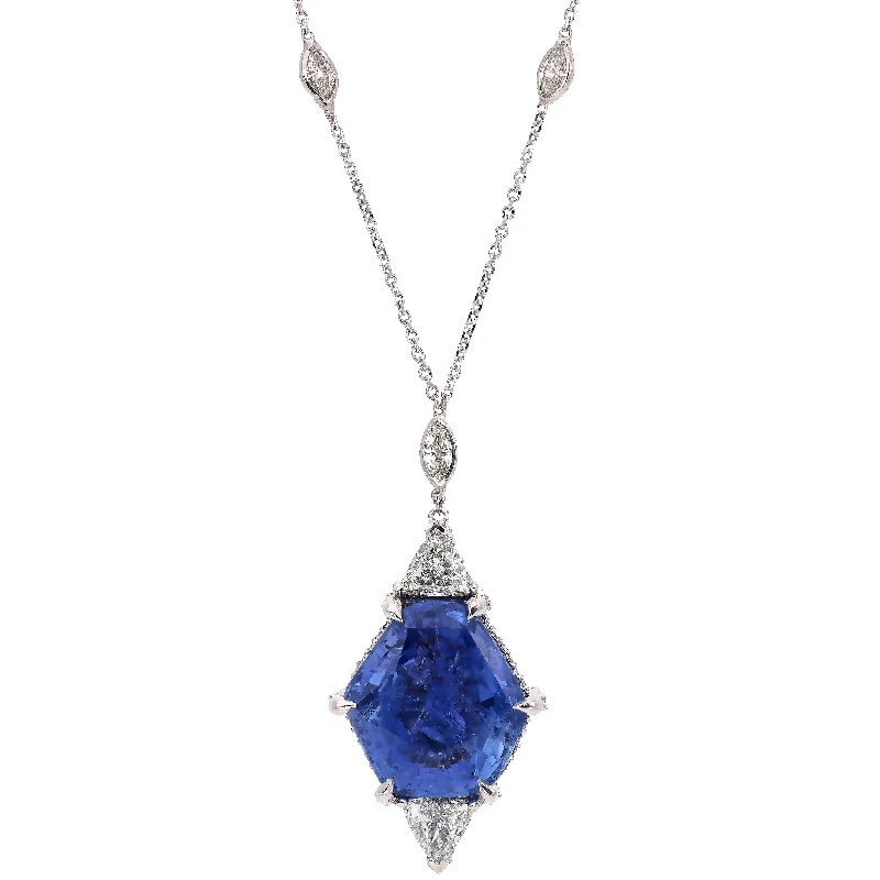 Minimalist Silver Chain Necklaces For Subtle Elegance-14K White Gold Custom Designed 8.87ct Ceylon Sapphire and Diamond Necklace