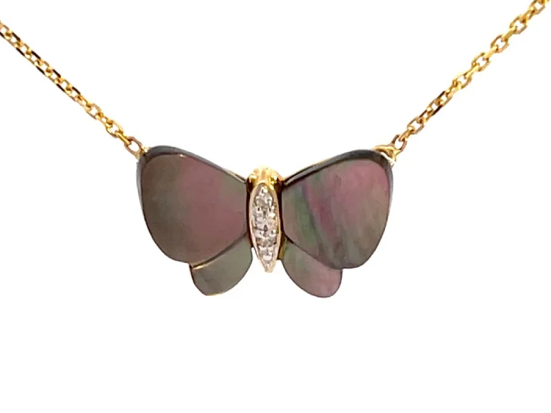 Chunky Necklace For Fashion Lovers-Mother of Pearl Butterfly and Diamond Necklace in 14k Yellow Gold