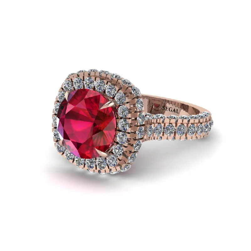 Bold Wedding Bands For Bold Couples-Ruby Pave Double Halo Engagement Ring - Eve No. 11