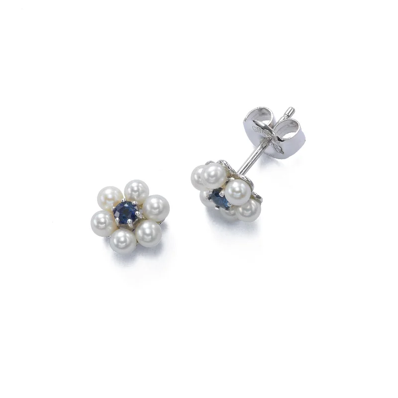 Handmade Gold Earrings For Special Occasions-Petite Pearl With Sapphire Flower Earrings, 14K White Gold