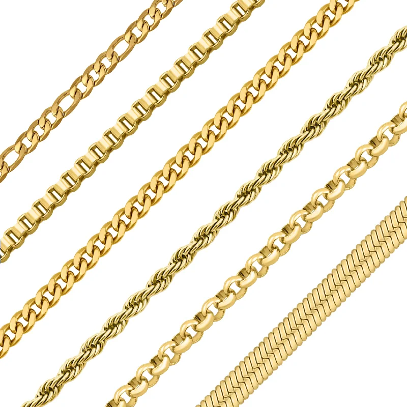 Classic Silver Necklaces For Timeless Fashion-"The Classics" 18K Gold PVD Assorted Chain Necklace Set / BND0040