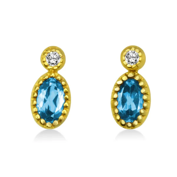 Dangle Earrings For Wedding Occasions-Oval Blue Topaz and Diamond Earrings Set in 14K Yellow Gold