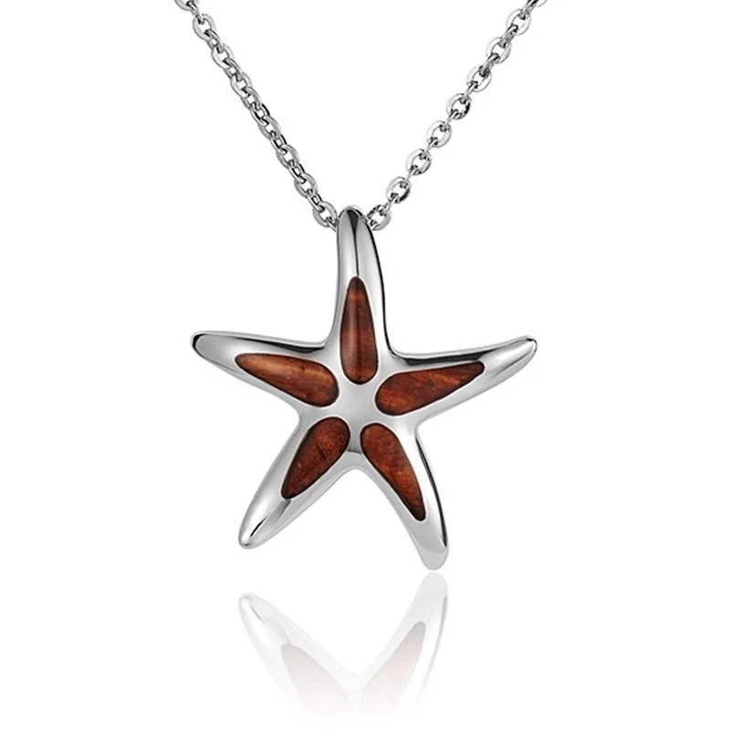 Minimalist Gold Chain Necklaces For Elegant Looks-Sterling Silver Koa Wood Multi-Inlay Starfish Pendant18" Necklace