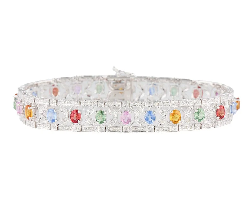 Bracelets For Festive Seasons-12.0ctw Multi-Colored Sapphire and 1.15ctw Diamond Fancy Link Bracelet in 18K