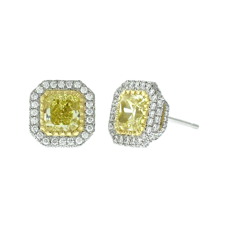 Fashionable Dangle Earrings For Teens-Fancy Intense Yellow Radiant-cut Diamond and Halo Stud Earrings