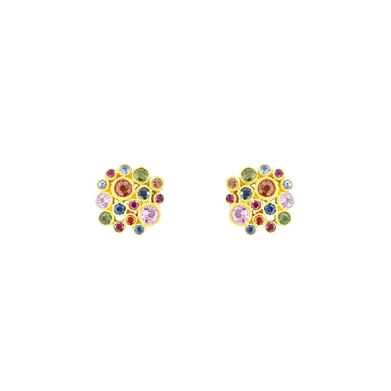 Personalized Birthstone Earrings For Gifts-18 Karat Matte Yellow Gold Post Earring with Multi Color Sapphire Cluster