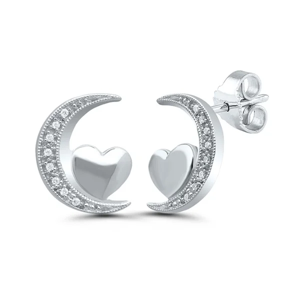 Round Hoop Earrings For Fashionistas-Diamond Crescent Heart Love Star Earrings in Sterling Silver