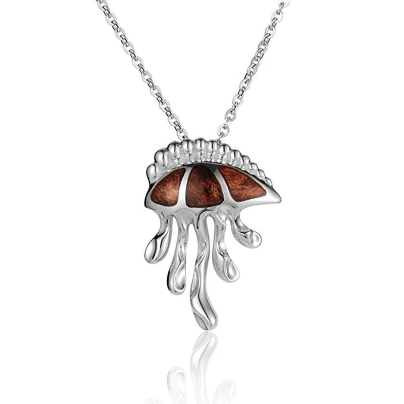 Gorgeous Custom Name Necklaces For Bridesmaids-Sterling Silver Koa Wood Physalia Jellyfish Pendant18" Necklace