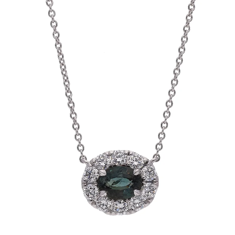 Colorful Gemstone Pendant Necklaces For Fashion Forward-18K White Gold Oval Alexandrite & Diamond 18" Necklace