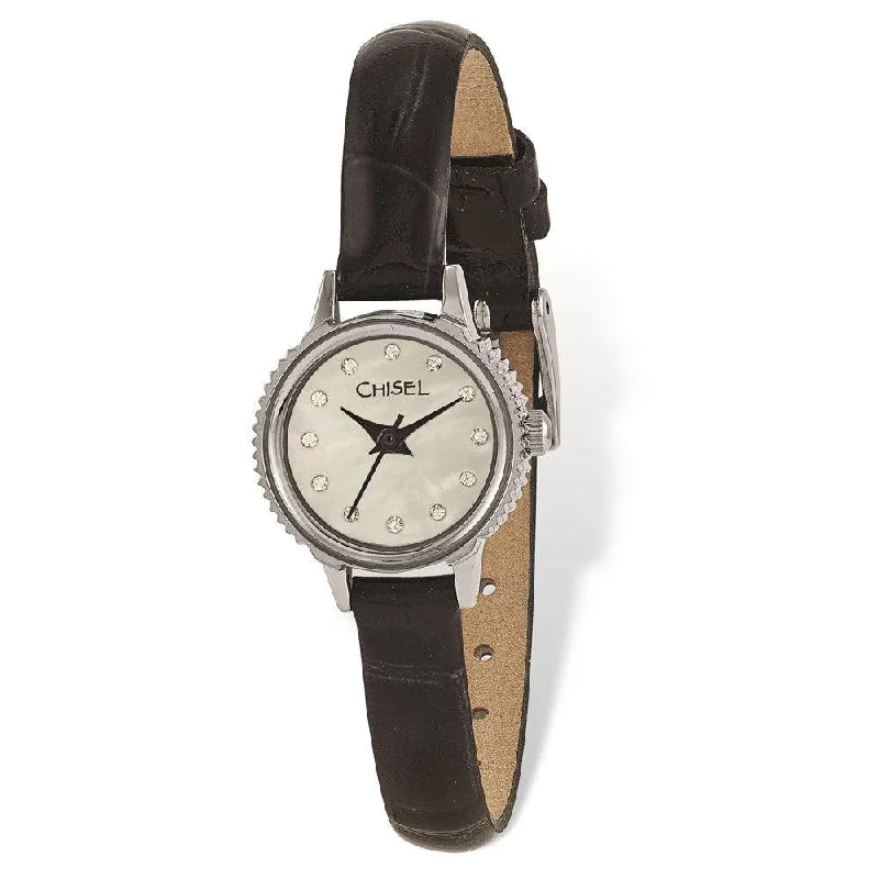 Watches With Personalized Names-Ladies Chisel Stainless Steel Black Leather Strap Watch