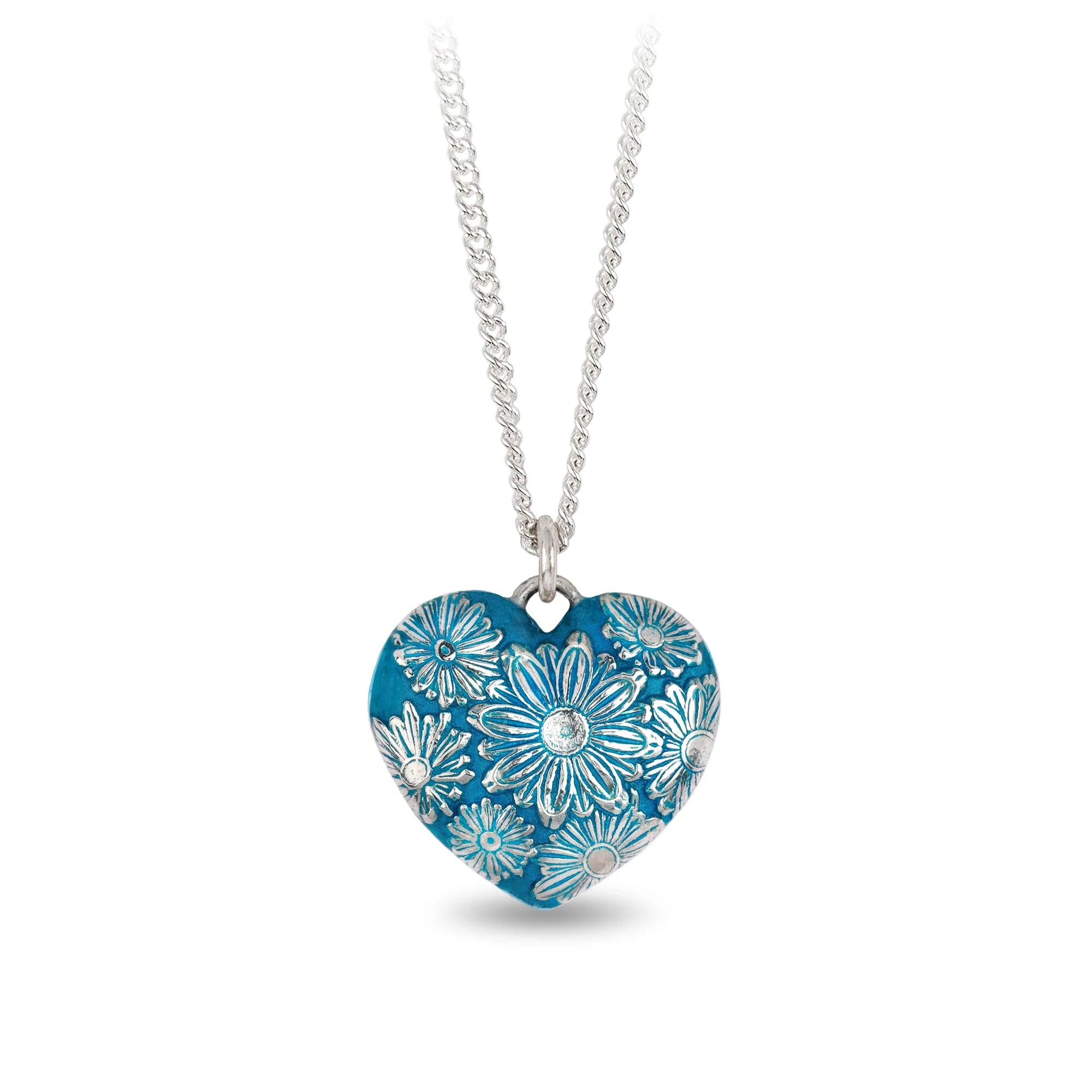 Custom Gold Chain Necklaces For Unique Designs-Pyrrha Sterling Silver Large Puffed Heart Daisy Talisman in Capri Blue 18 Inch Medium Curb Chain Necklace