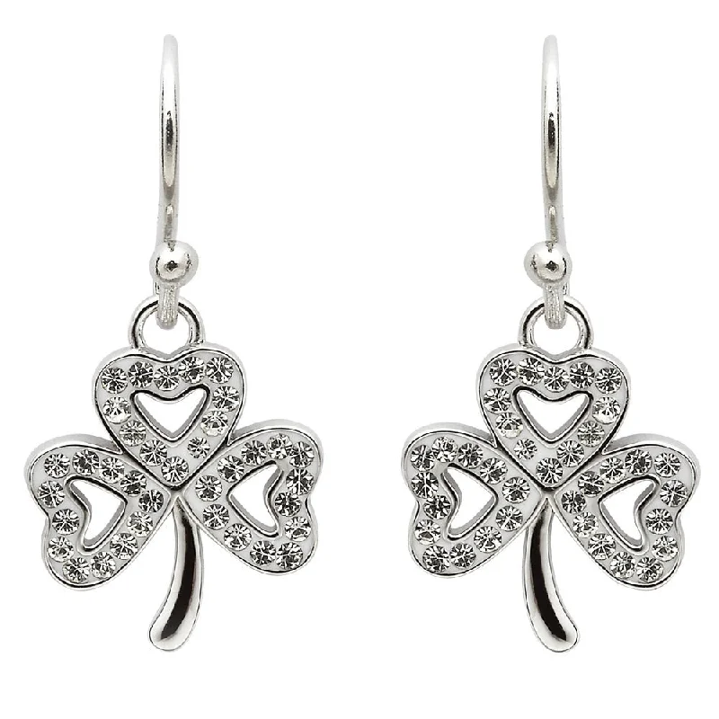 Modern Drop Earrings For Work Style-Sterling Silver Celtic Shamrock Earrings Adorned By Crystals SW52