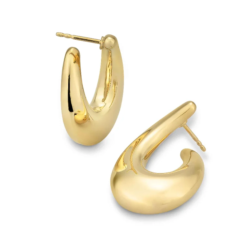 Unique Stone Earrings For Bold Looks-Front-To-Back Puffy Hoop Earrings, Yellow Gold Plated Silver