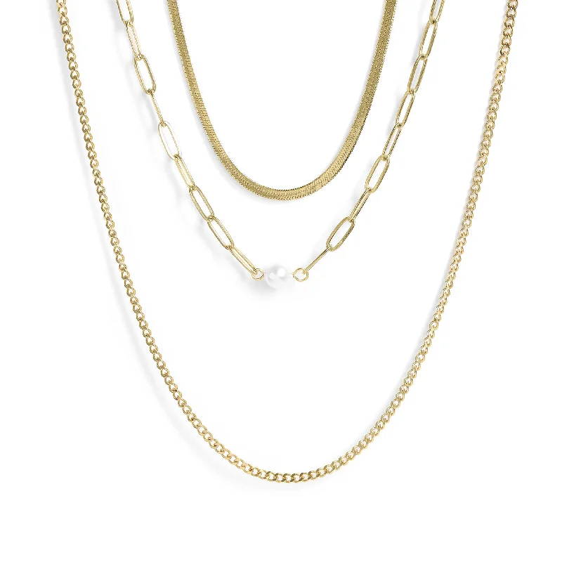 Minimalist Pendant Necklaces For Subtle Elegance-45 pc 18K Gold PVD Pearl Layered Necklace Set / BND0031