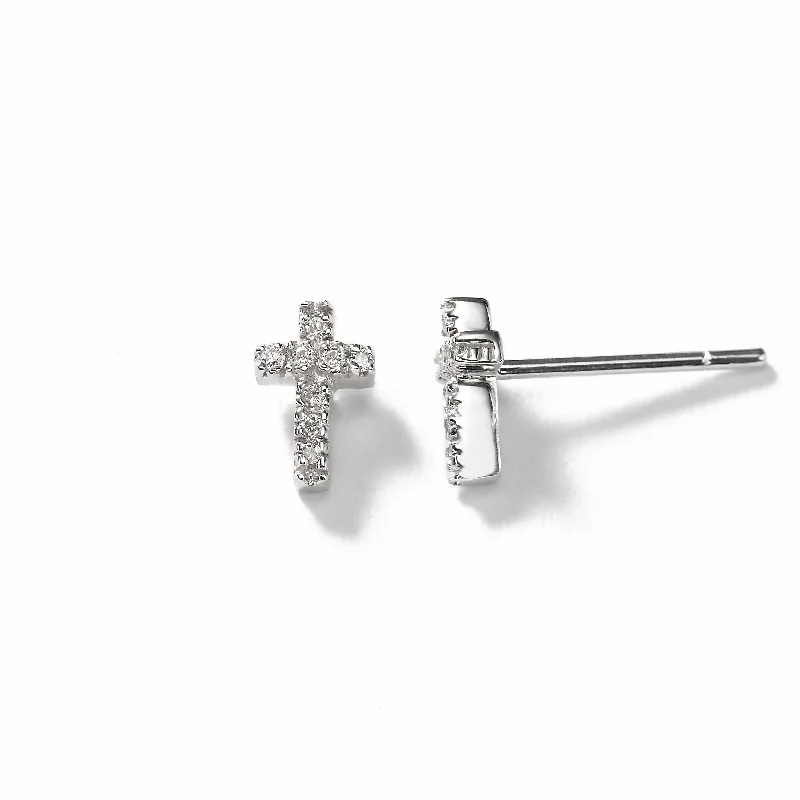 Custom Drop Earrings For Unique Designs-Small Diamond Cross Earrings, 14K White Gold