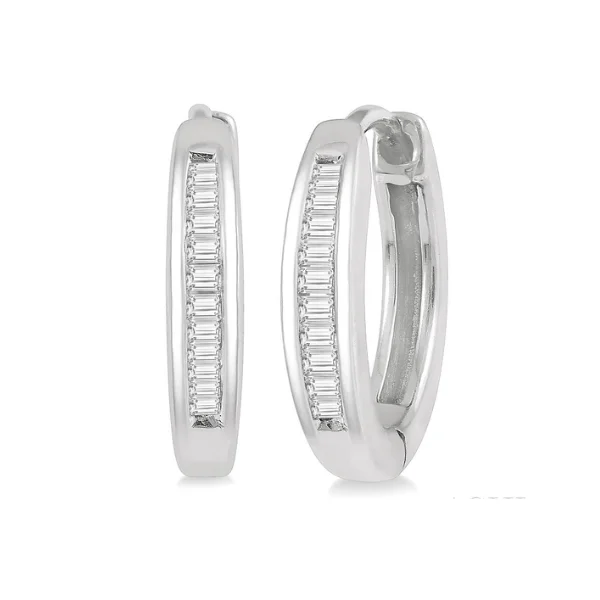 Stylish Hoop Earrings For Modern Looks-1/10 ctw Inlay Baguette Diamond Huggie Earrings in 10K White Gold