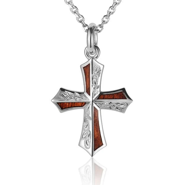 Personalized Infinity Necklaces For Meaningful Gifts-Sterling Silver Koa Wood Engraved Cross Pendant 18" Necklace