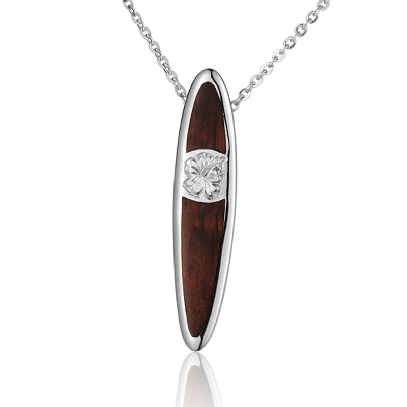 Modern Crystal Necklaces For Fashion Trends-Sterling Silver Koa Wood Flower Engraved Surfboard Pendant18" Necklace