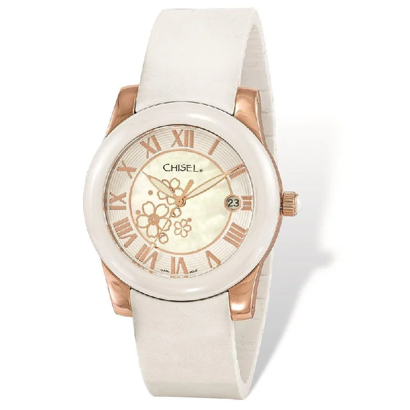 Watches For Everyday Wear-Ladies Chisel Rose IP-plated Floral Dial White Strap Watch