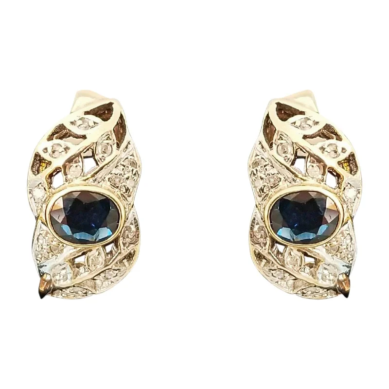 Handmade Gemstone Earrings For Special Events-18 kt Yellow Gold Half-Hoop Earrings with Sapphires and Diamonds