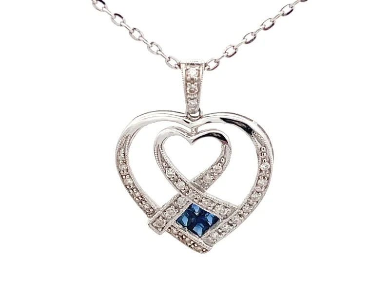 Bold Gold Necklaces For Fashionistas-Diamond and Sapphire Heart Necklace in 18k White Gold